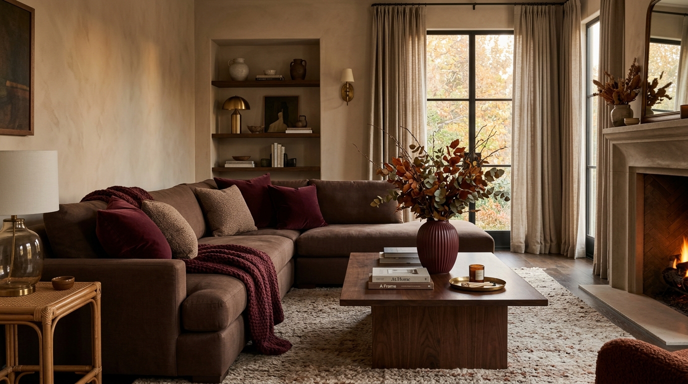 Chocolate Brown and Burgundy Fall Living Room